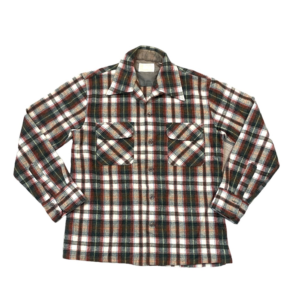 Vtg Sears Wool Button Down Shirt Kings Road Loop Collar Plaid Size Med 15/15 1/2